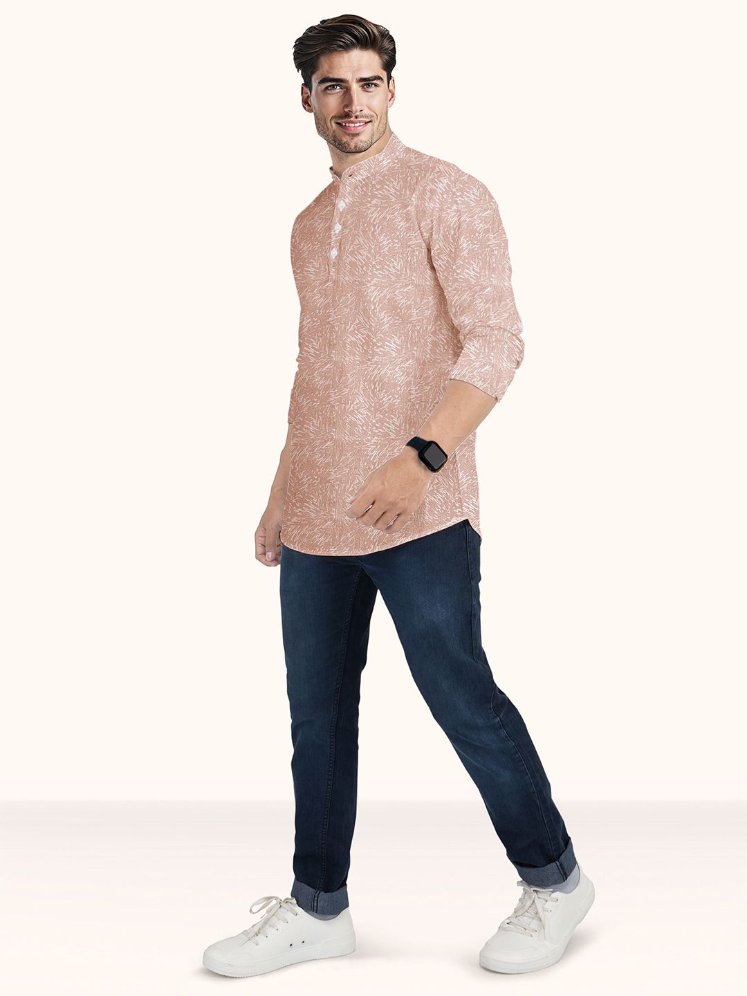 Abstract Printed Band Collar Straight Pure Cotton Short Kurta