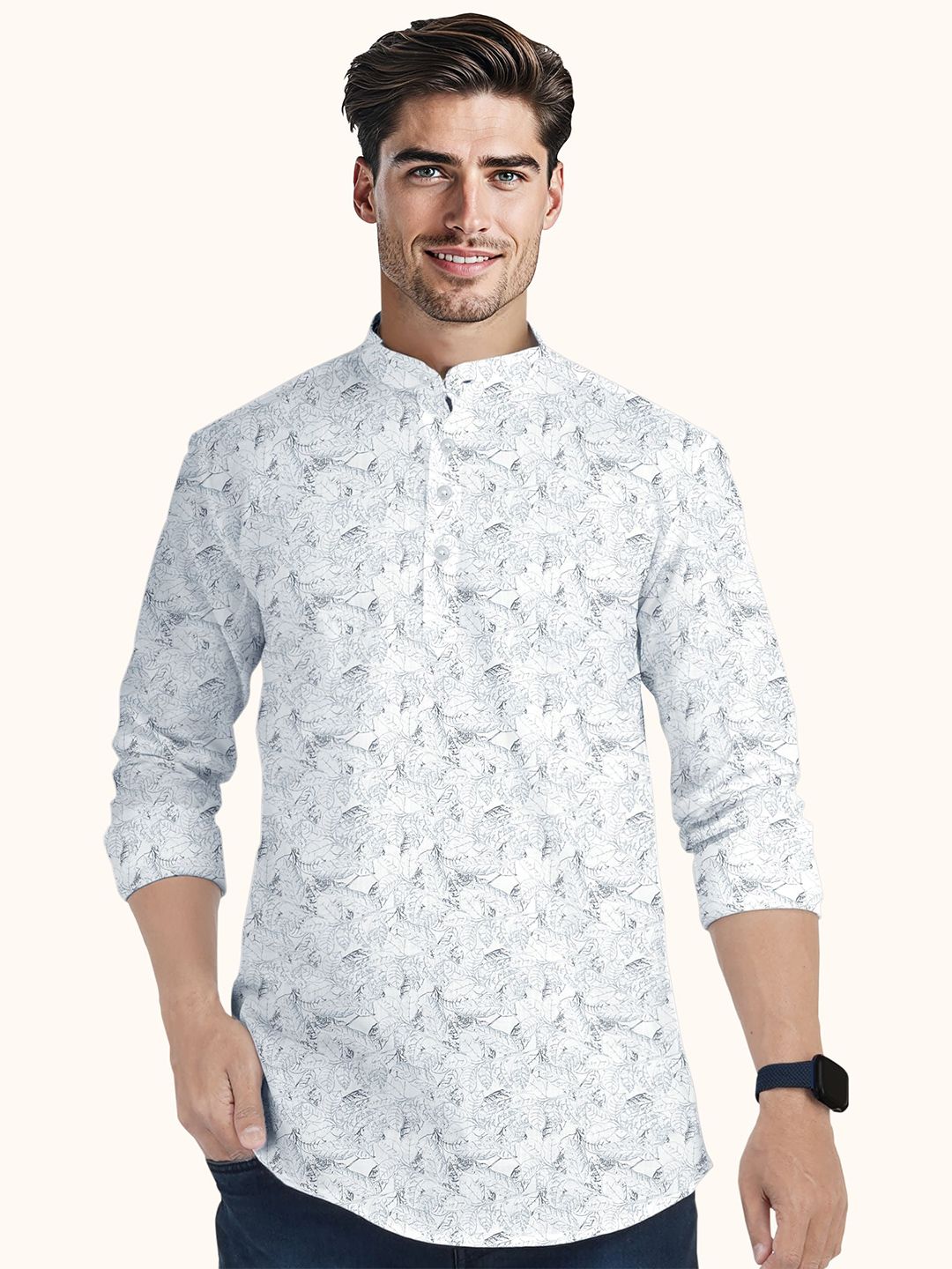 Floral Printed Band Collar Slim Fit Cotton Straight Short Kurta - Image 2
