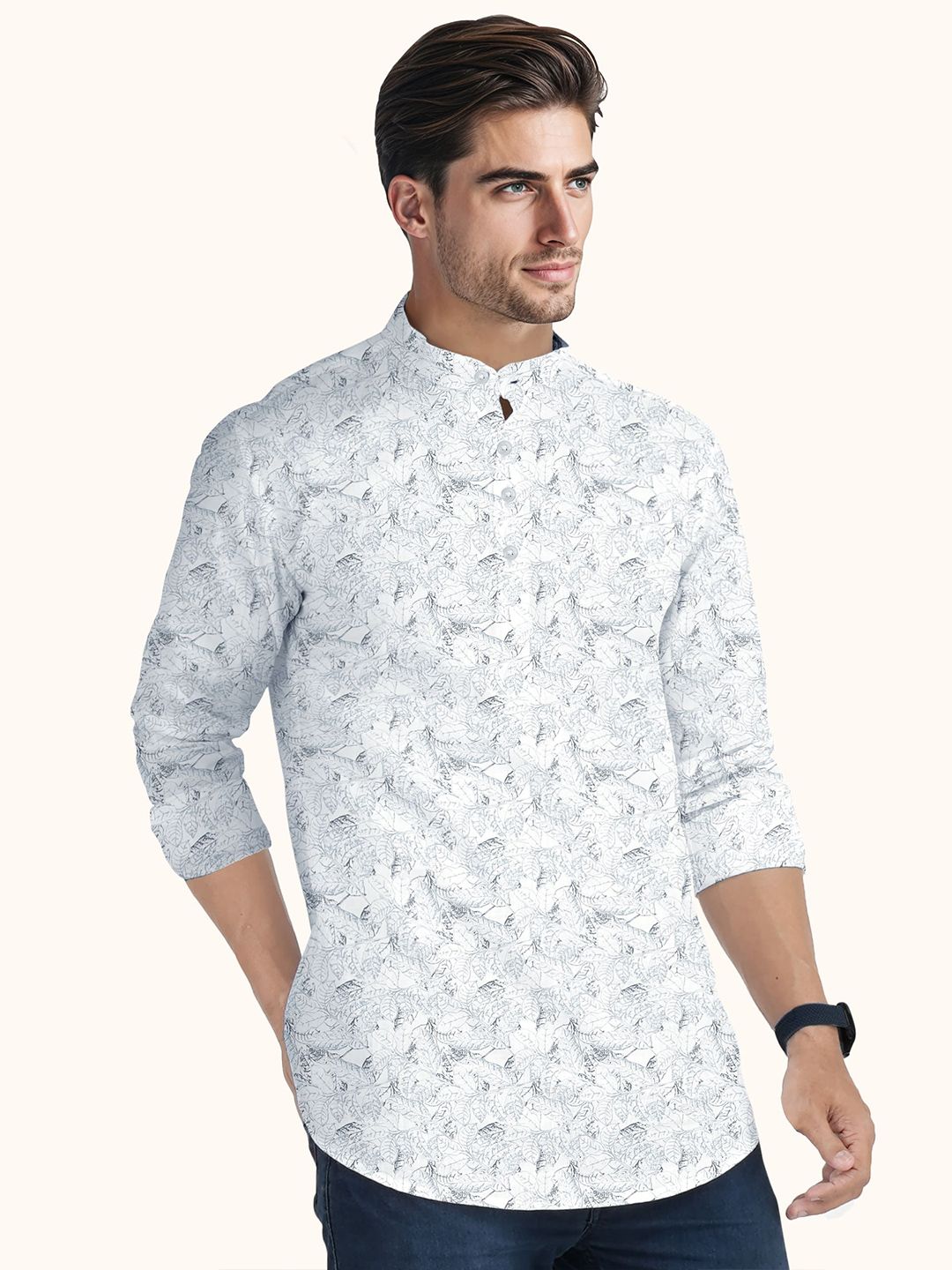 Floral Printed Band Collar Slim Fit Cotton Straight Short Kurta - Image 4
