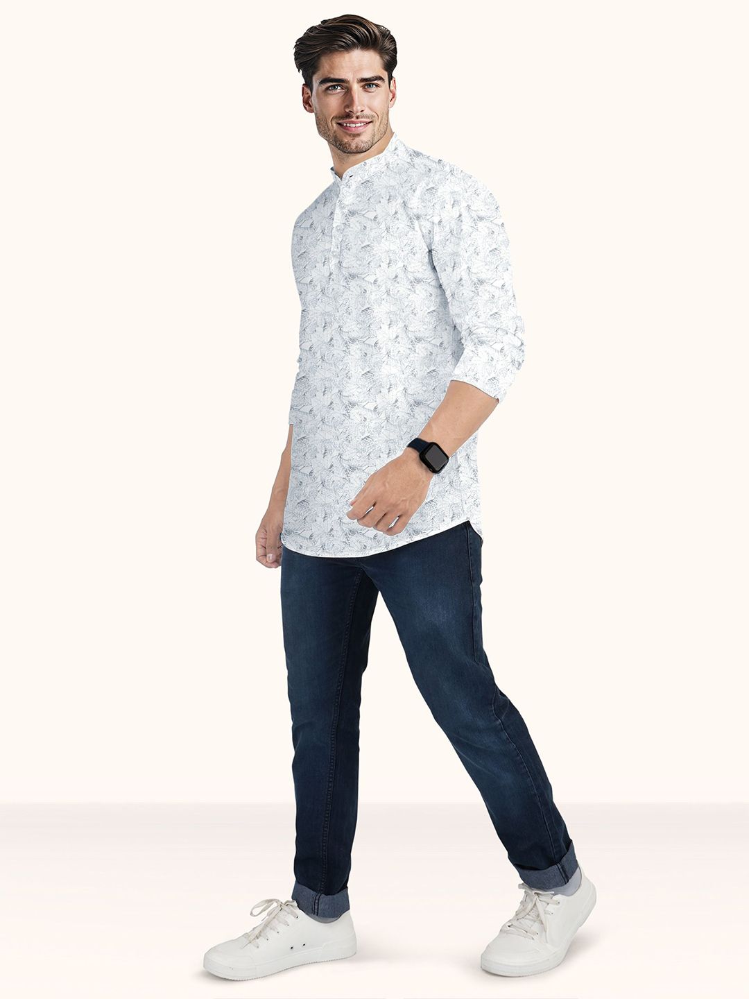 Floral Printed Band Collar Slim Fit Cotton Straight Short Kurta