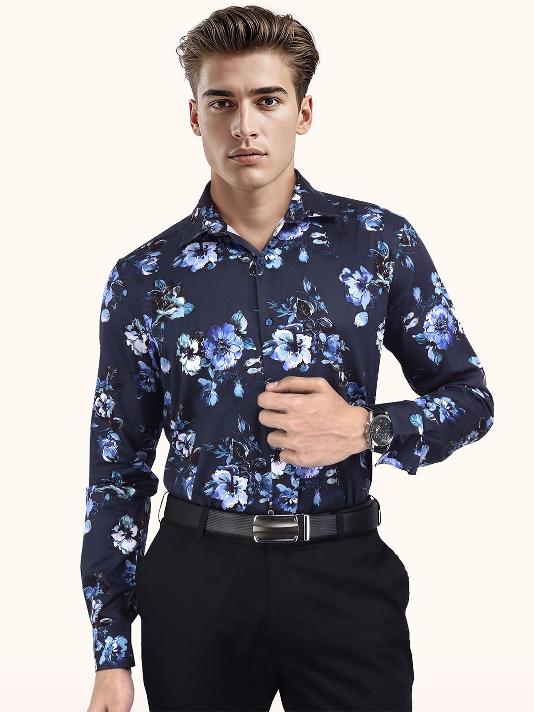 Abstract Printed Spread Collar Slim Fit Cotton Shirt - Image 2