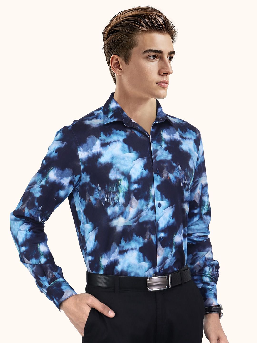 Abstract Printed Spread Collar Slim Fit Cotton Shirt - Image 4