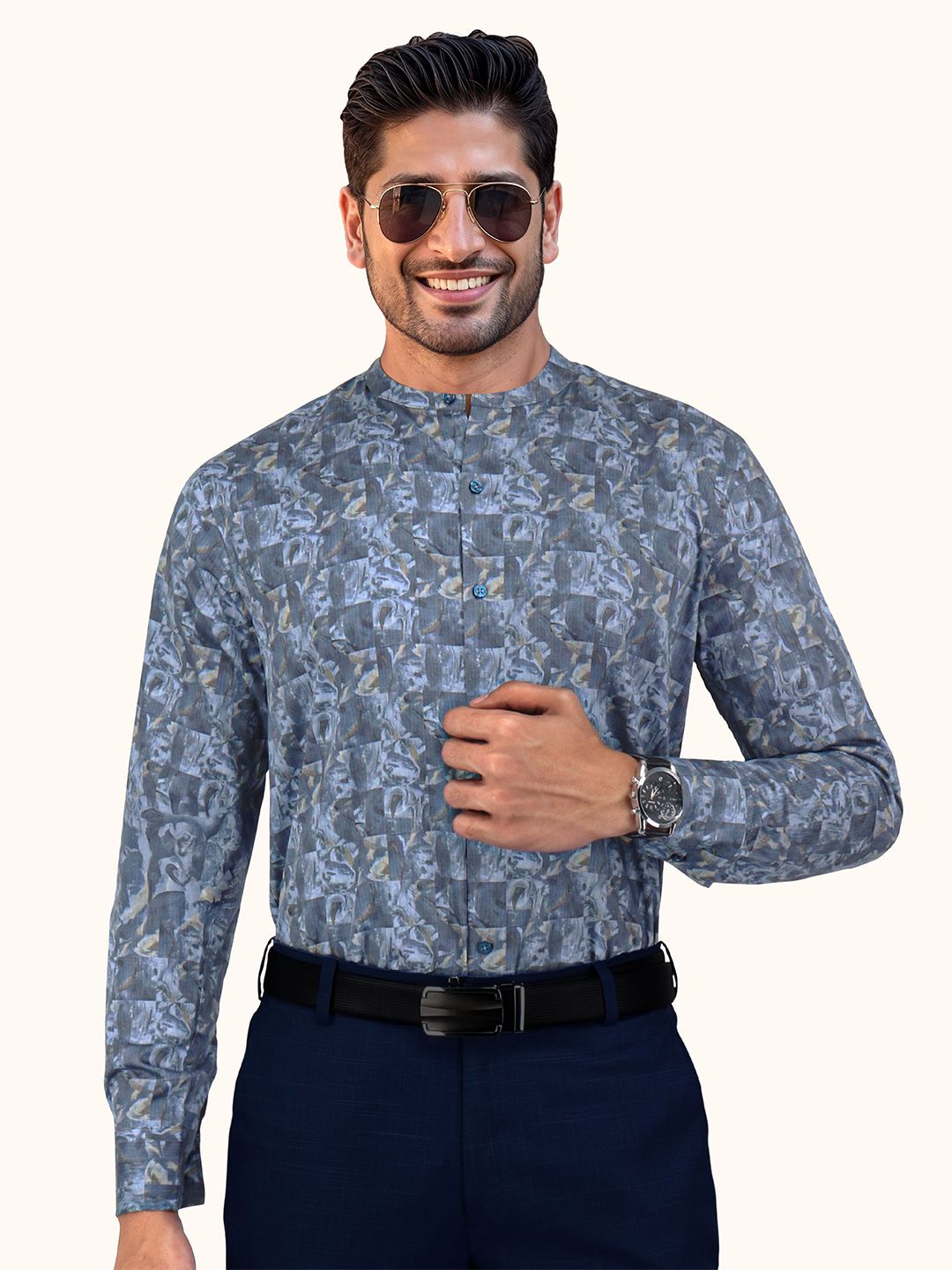 Men Slim Fit Floral Printed Mandarin Collar Cotton Casual Shirt - Image 2