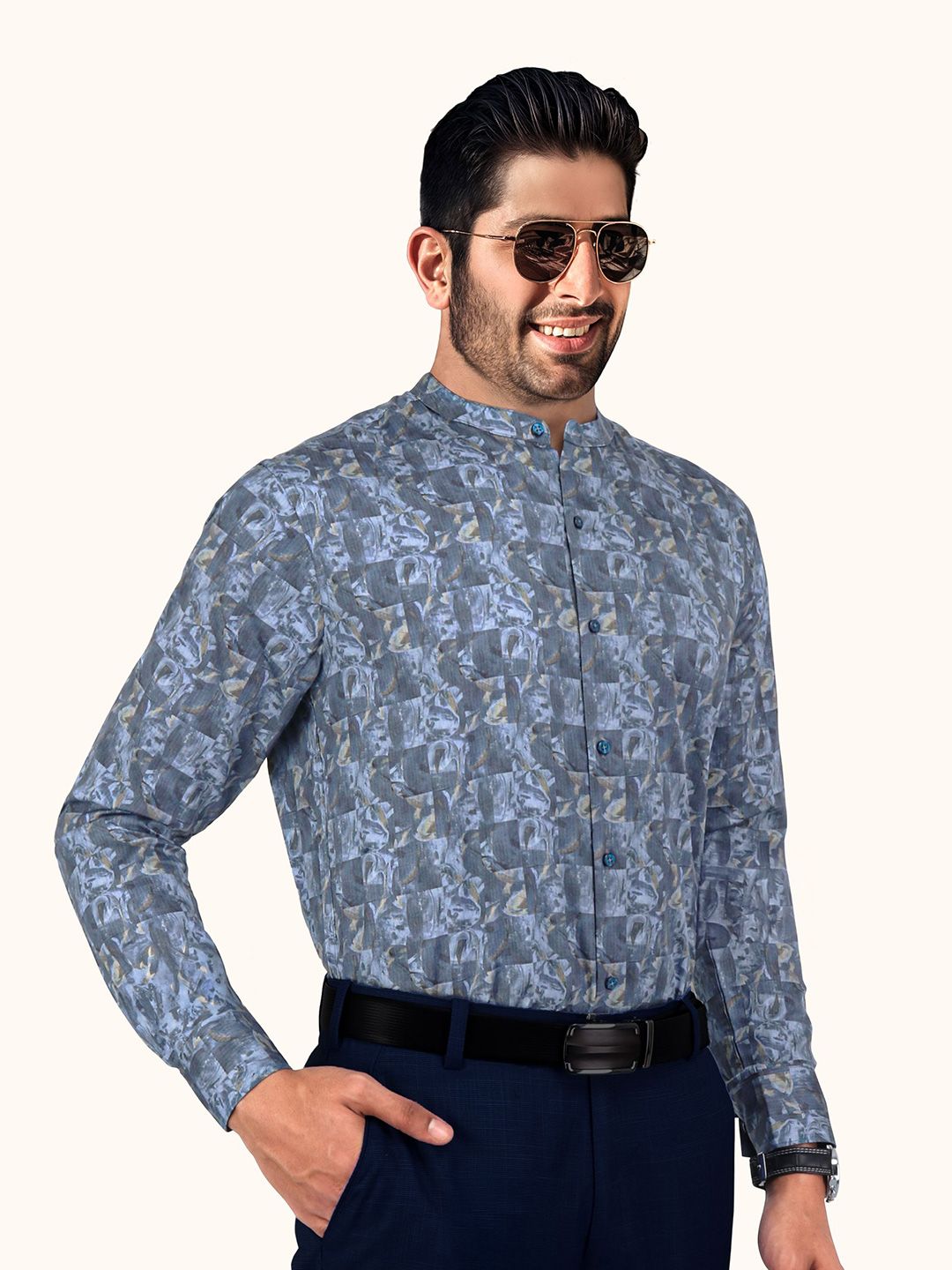Men Slim Fit Floral Printed Mandarin Collar Cotton Casual Shirt - Image 4