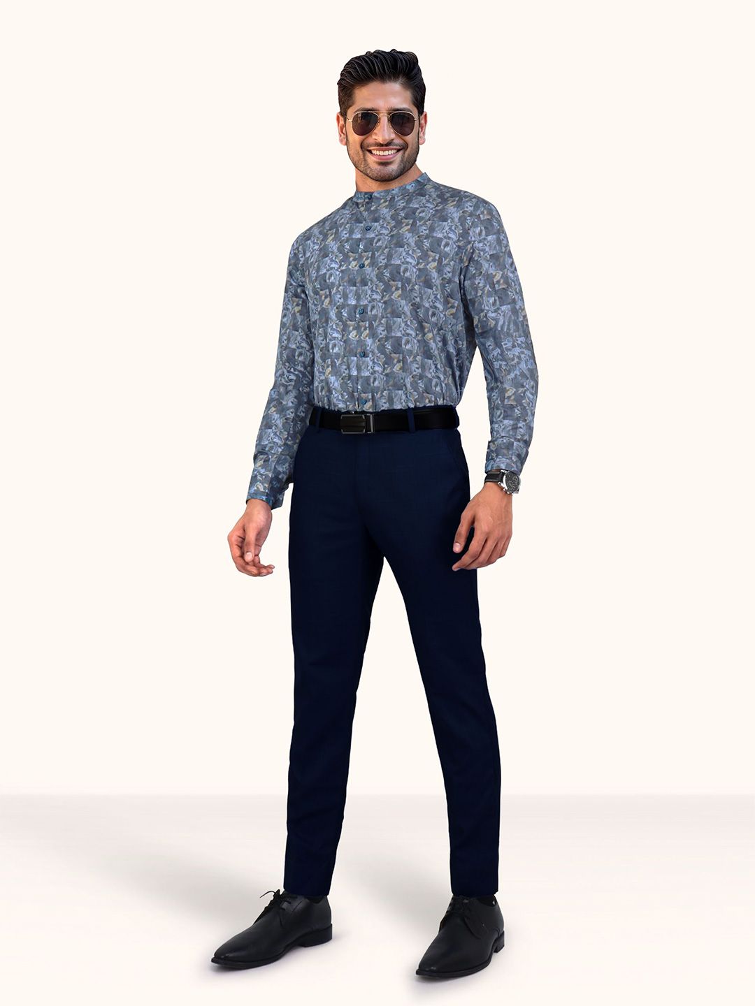 Men Slim Fit Floral Printed Mandarin Collar Cotton Casual Shirt