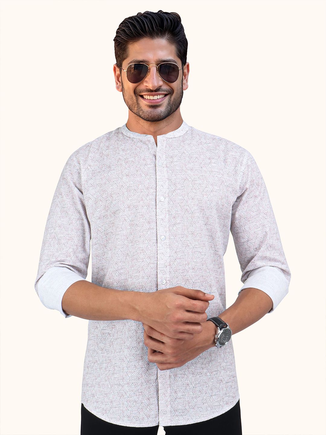 Geometric Printed Mandarin Collar Casual Slim Fit Shirt - Image 2