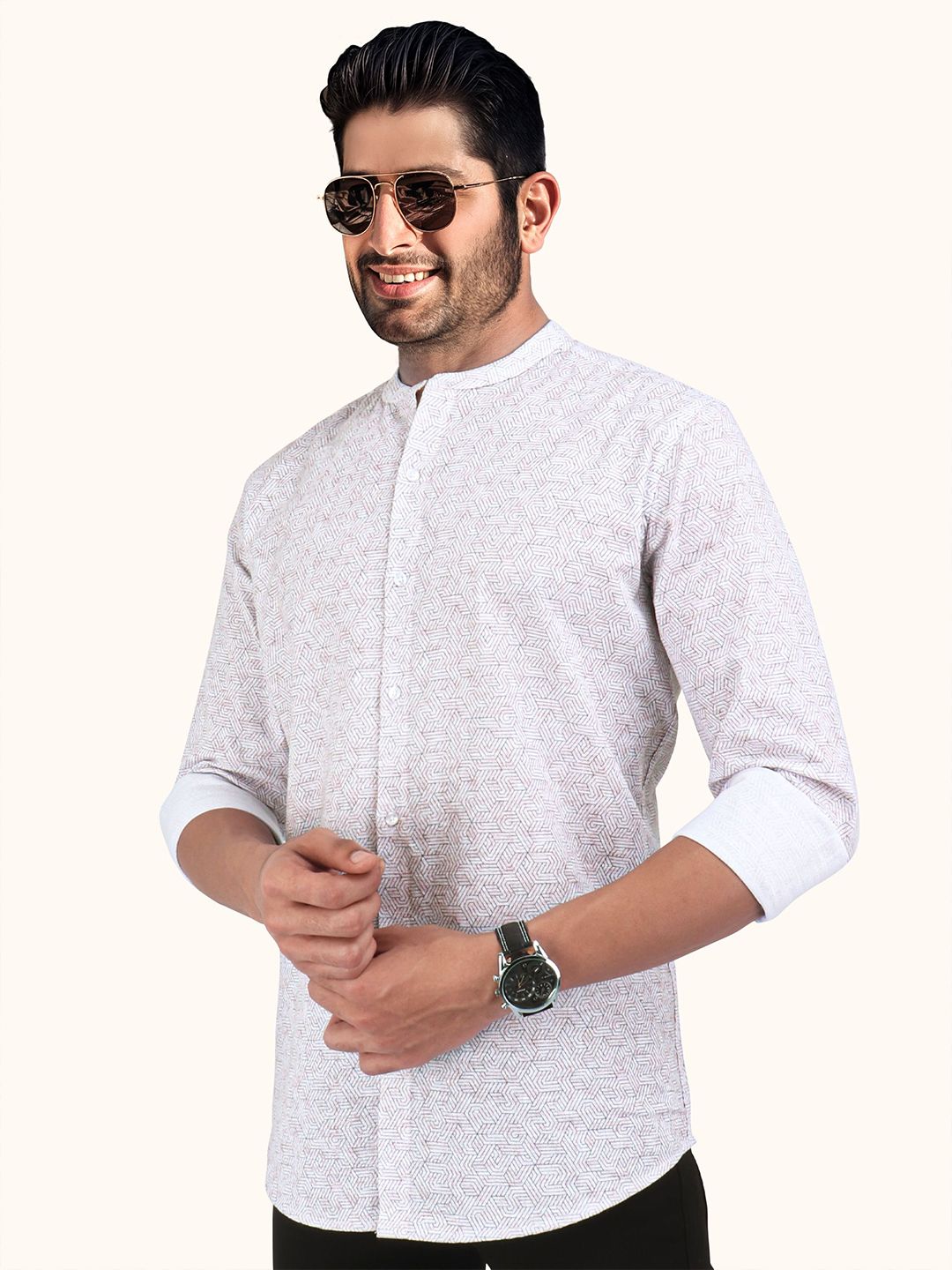 Geometric Printed Mandarin Collar Casual Slim Fit Shirt - Image 3