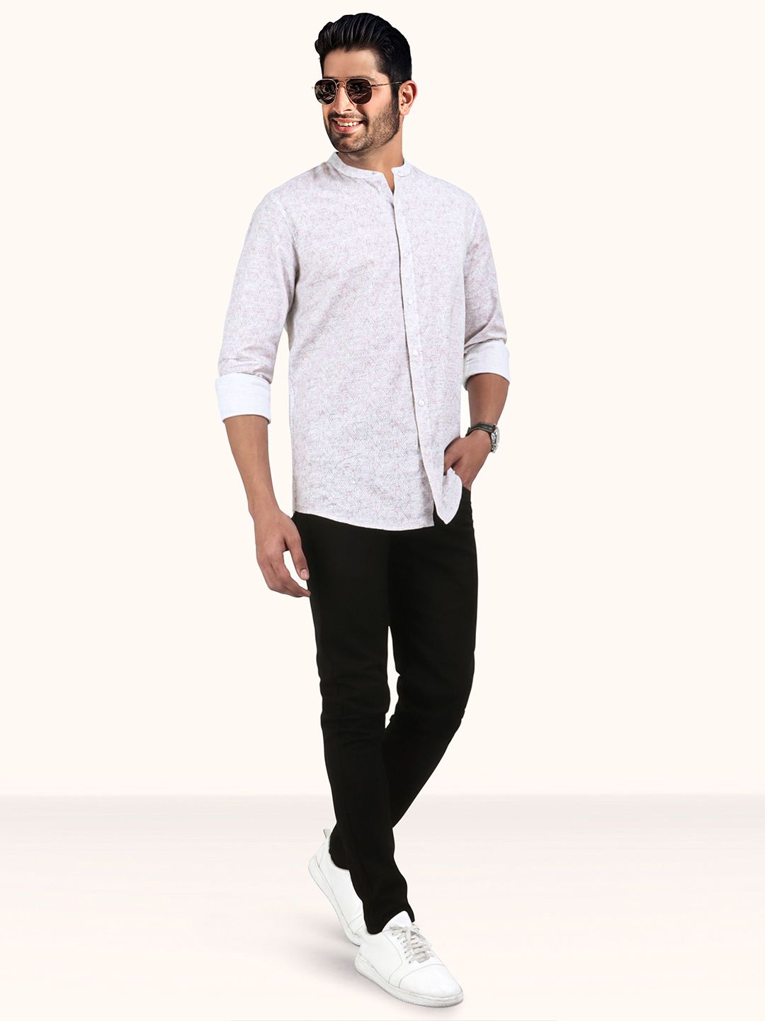 Geometric Printed Mandarin Collar Casual Slim Fit Shirt