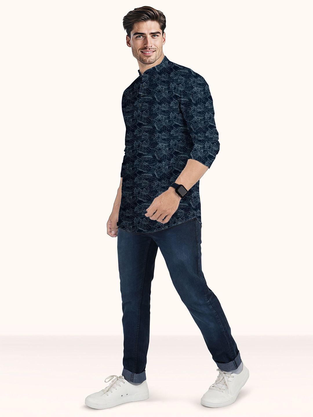Men Floral Printed Pathani Cotton Kurta