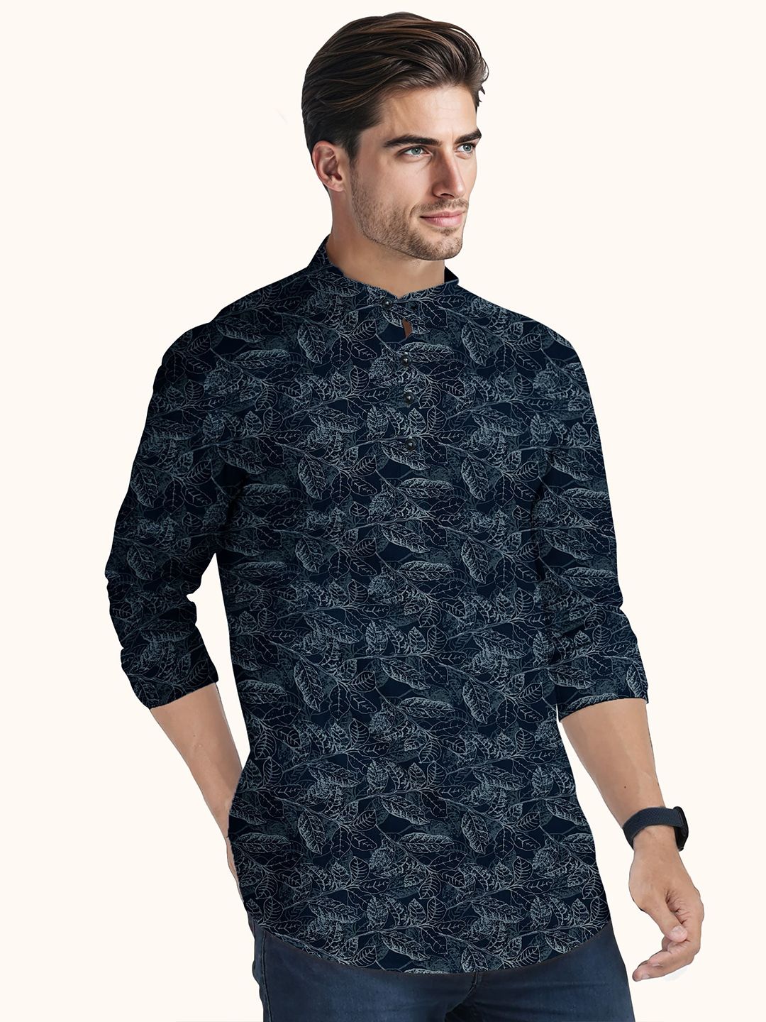 Men Floral Printed Pathani Cotton Kurta - Image 5