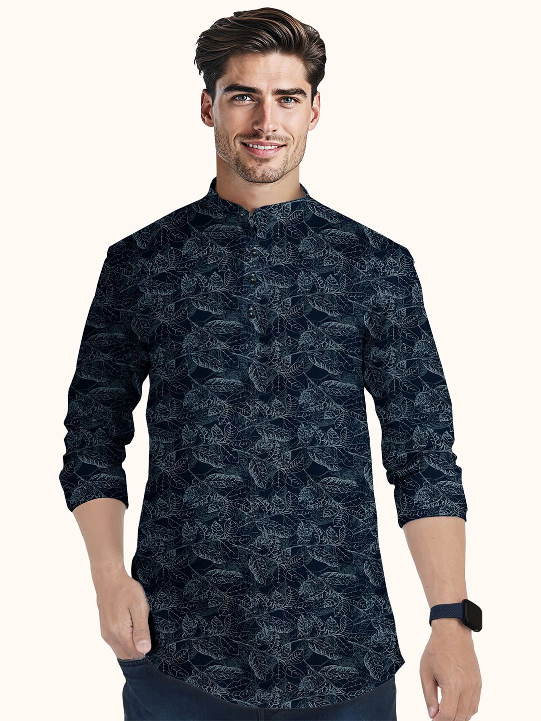Men Floral Printed Pathani Cotton Kurta - Image 2