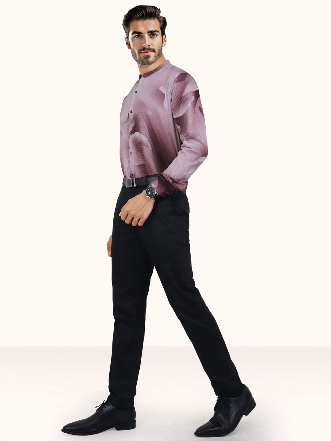 Men Slim Fit Abstract Printed Mandarin Collar Cotton Casual Shirt