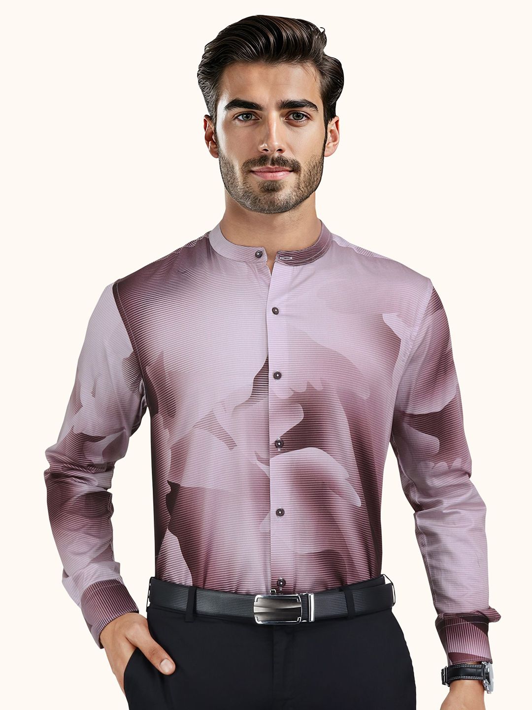 Men Slim Fit Abstract Printed Mandarin Collar Cotton Casual Shirt