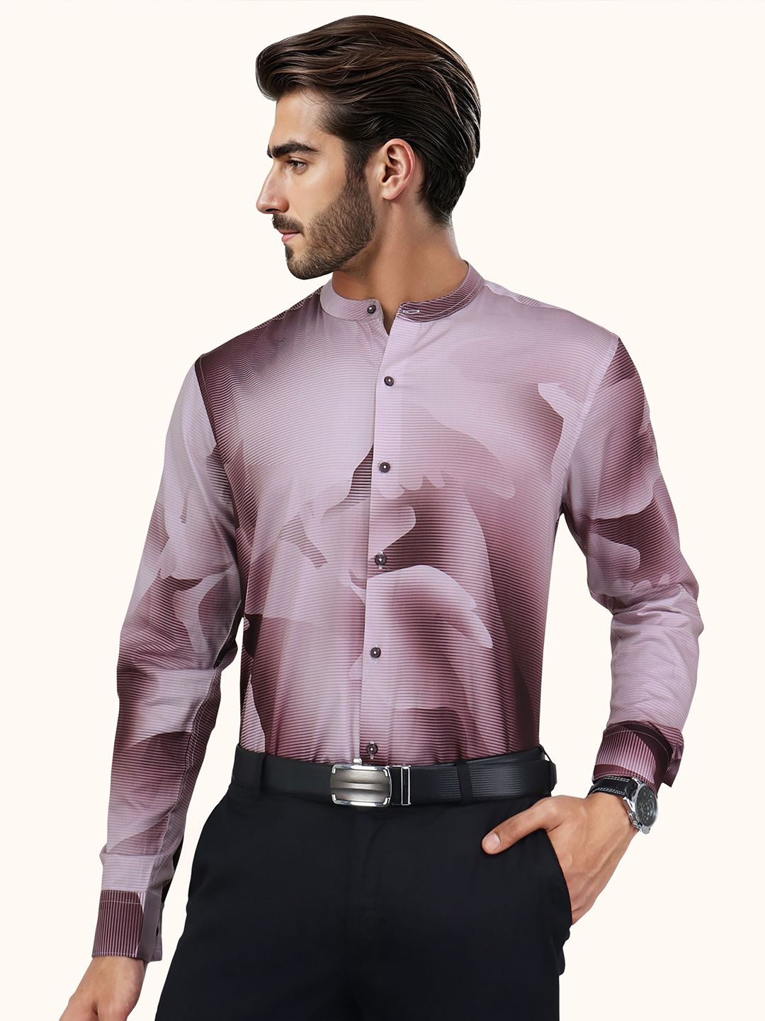 Men Slim Fit Abstract Printed Mandarin Collar Cotton Casual Shirt