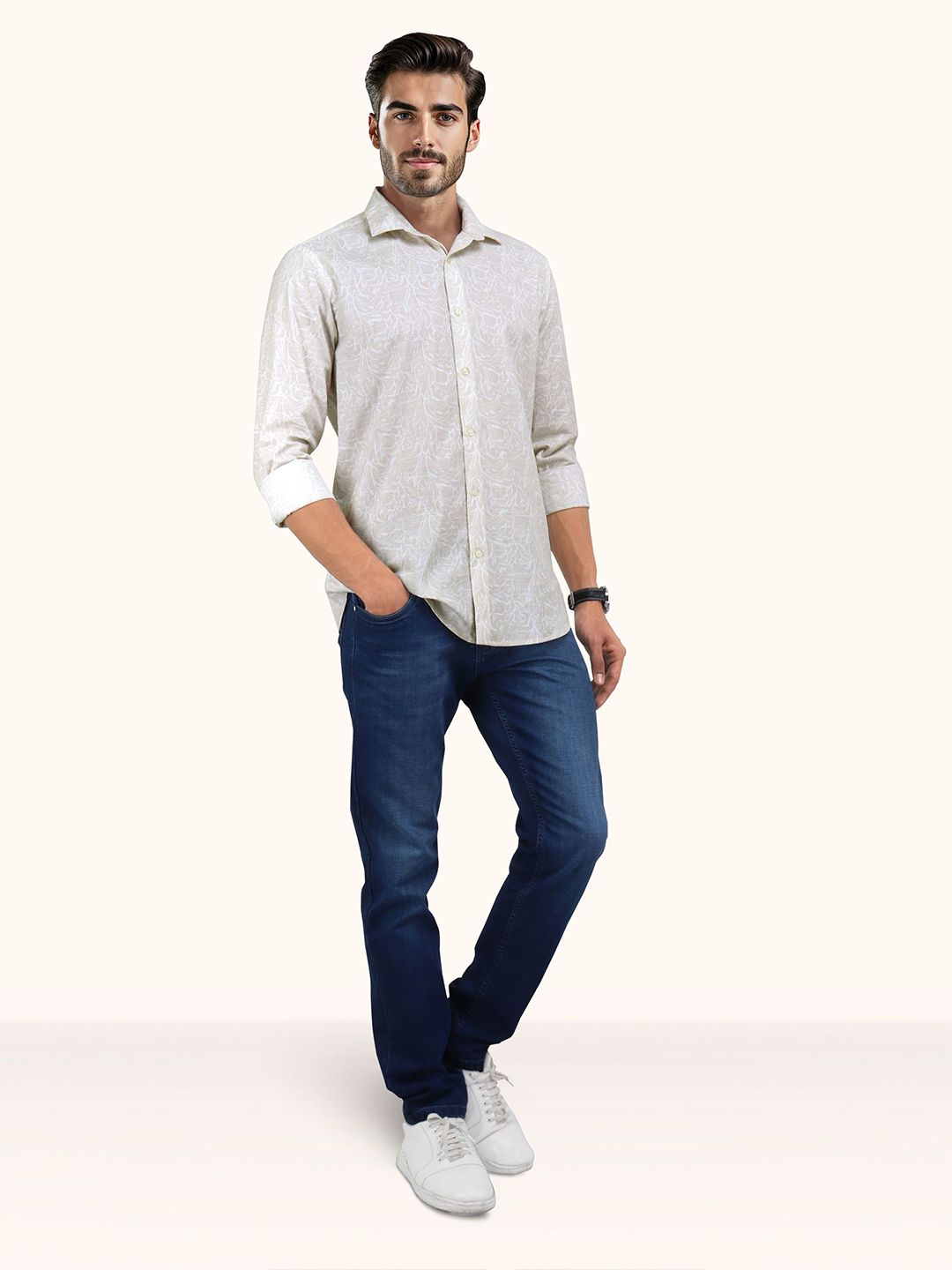 Beige Floral Printed Slim Fit Casual Shirt