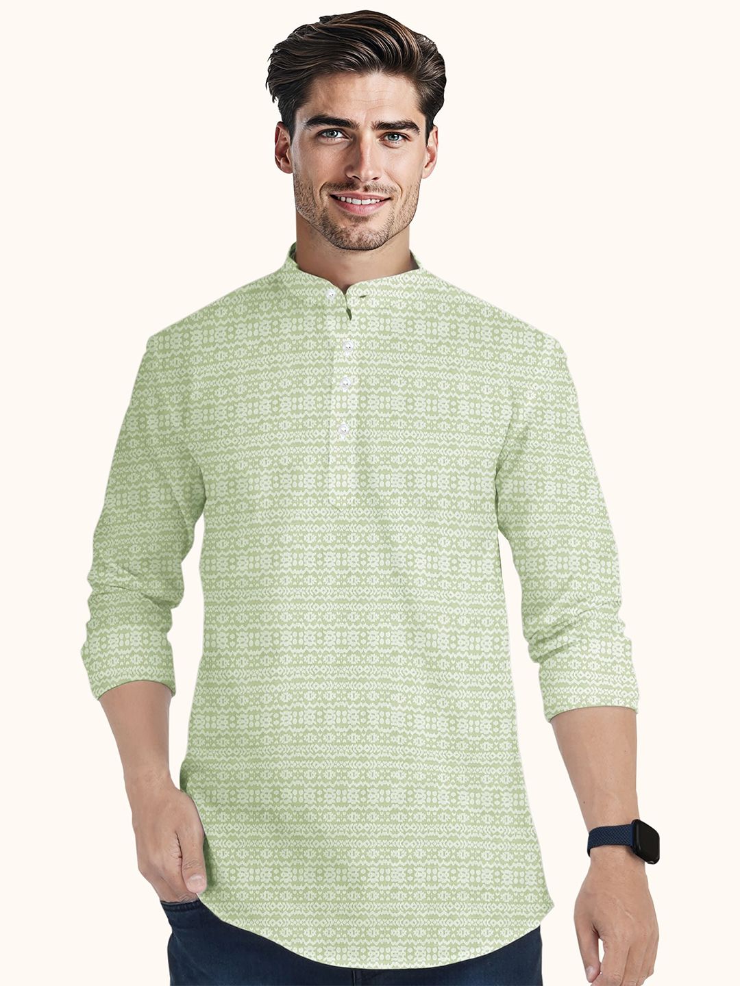 Ethnic Motifs Printed Band Collar Straight Pure Cotton Short Kurta