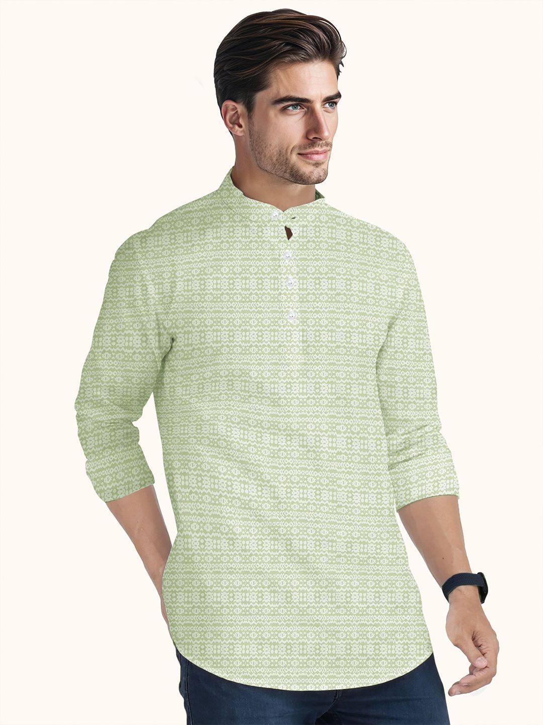 Ethnic Motifs Printed Band Collar Straight Pure Cotton Short Kurta