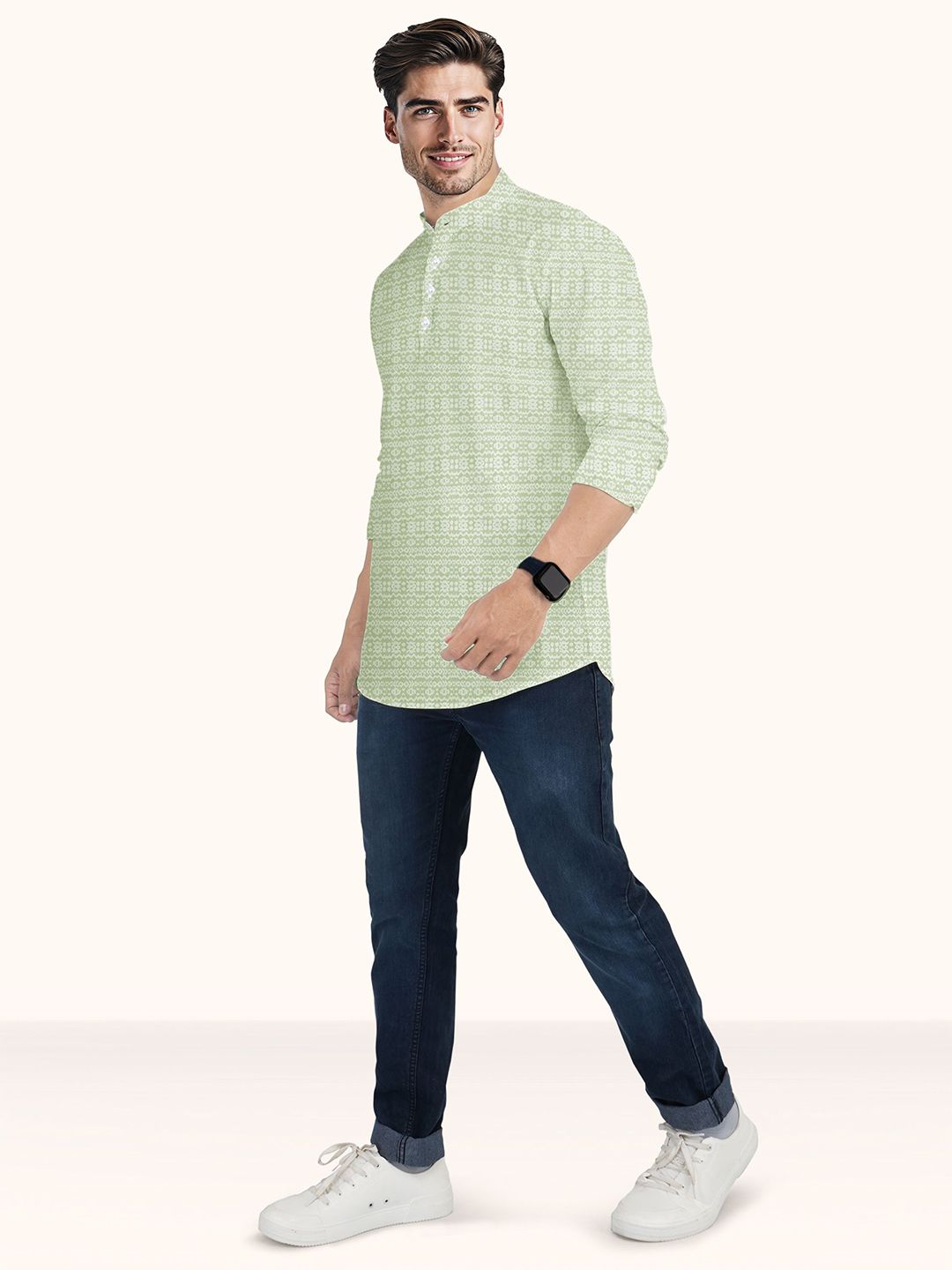 Ethnic Motifs Printed Band Collar Straight Pure Cotton Short Kurta